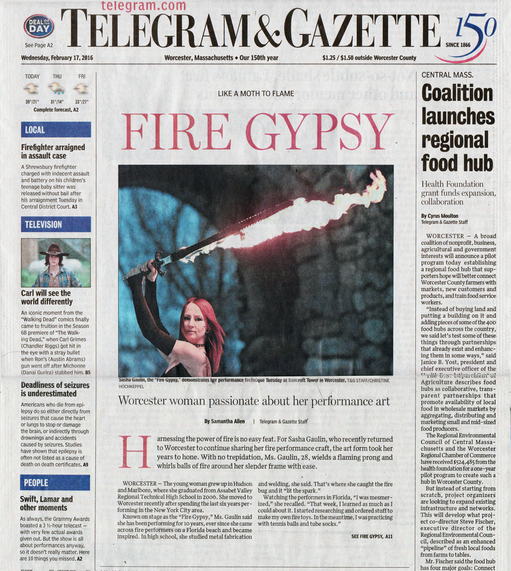 Fire Gypsy Telegram & Gazette Front Page News Fire Performer Newspaper