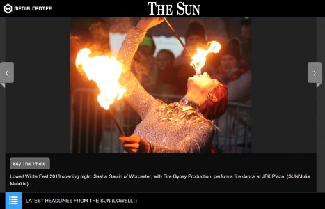 The Lowell Sun covering Lowell's WinterFest. 2018 Lowell Sun Sasha Gaulin Fire Gypsy Winter Fest WinterFest Massachusetts